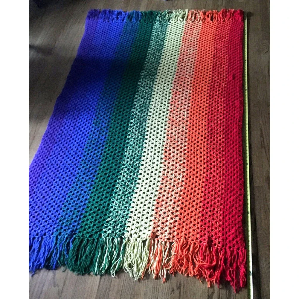 Handmade Crochet Rainbow Afghan Blanket Throw Fringe Edge 54W x 84L